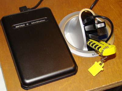 Belkin In-Desk 4-port USB hub installed and fully loaded.