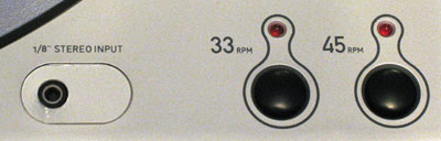 Switch record speeds with the 33 and 45 rpm buttons, or plug in a tape deck via the 1/8 inch input.