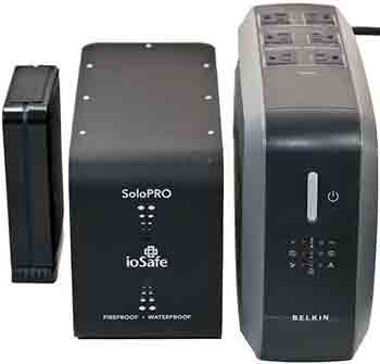 Seagate GoFlex Desk on the left, Belkin UPS on the right.