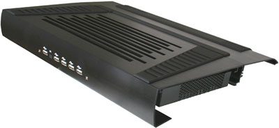 The Cryo LX from a rear angle; note the triangular design and the USB hub.