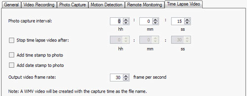 The settings screen for the time lapse video feature.