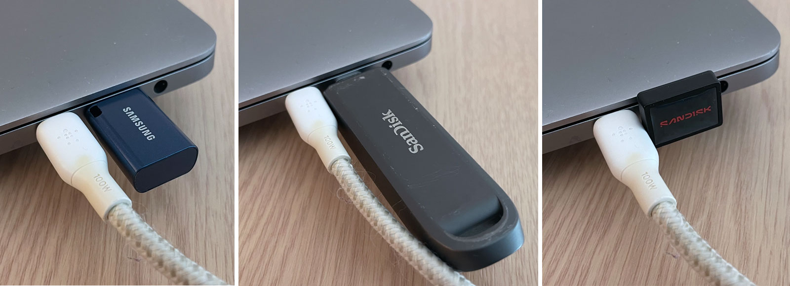 Samsung USB-C Flash Drive, Sandisk Extreme PRO and Extreme FIT plugged into a MacBook Pro