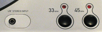Switch record speeds with the 33 and 45 rpm buttons, or plug in a tape deck via the 1/8 inch input.