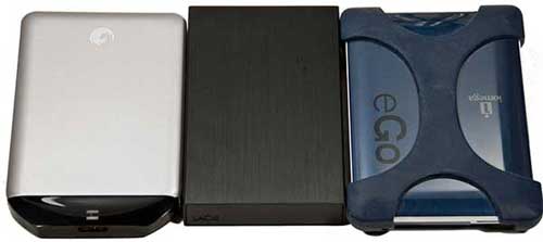 From left to right, Seagate GoFlex Portable, LaCie Rikiki USB 3.0, Iomega eGo USB 3.0. 