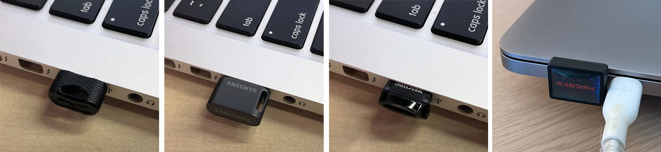 From left to right: PNY Elite-X Fit, Samsung Fit Plus and Sandisk Ultra Fit shown plugged into a laptop.
