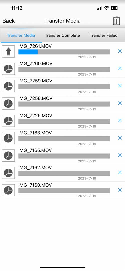 PNY Duo Link showing list of file transfers in progress