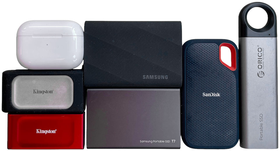 Size comparison between USB 3.2 SSDs and Apple AirPod Pro 2