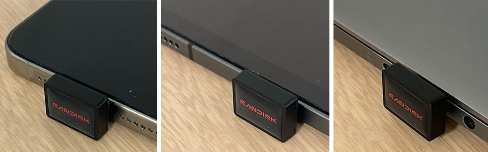 From left to right, Sandisk Extreme Fit USB-C mini drive plugged into an iPhone 15, iPad Pro and MacBook Pro. 